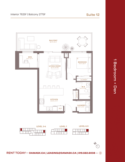 Floor plan for 1 bed, 1 bath, 762 sqft